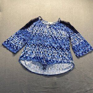 New York Laundry Top Womens‎ Blue Pattern 3/4 Sleeve Stretch Blouse Sz 2X,Preppy